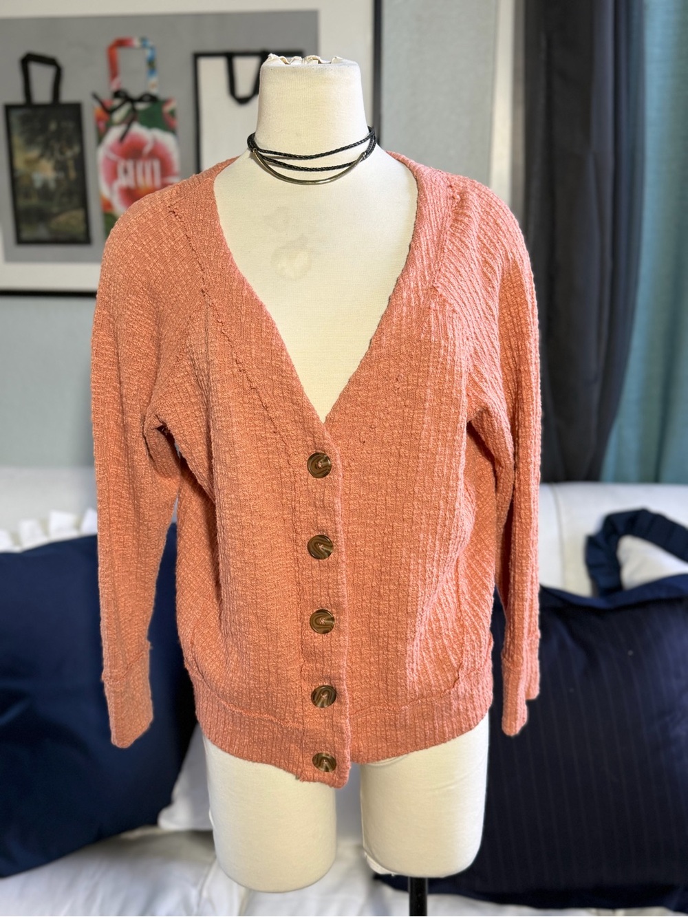 Vince Camuto Dusty Coral Button-Front V-Neck Cardigan